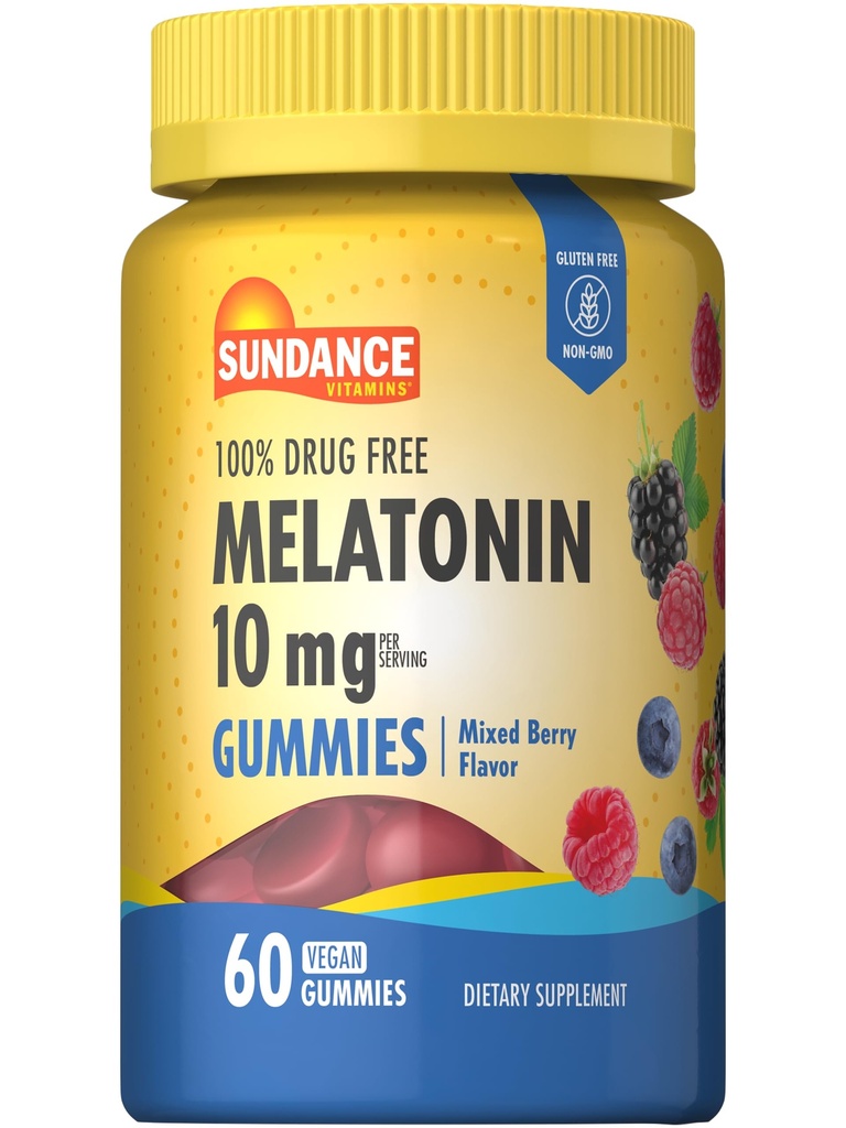 Sundance Melatonin 10mg Gummies for Adults | 60 Count | Mixed Berry Flavor | Vegan, Non-GMO, and Gluten Free Supplement
