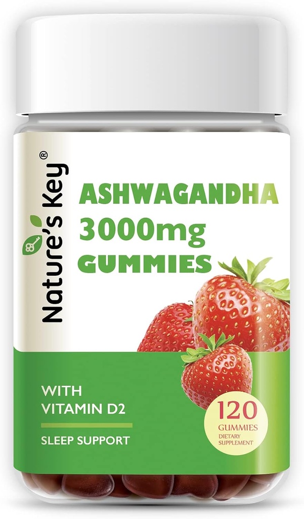 Cheia naturii Ashwagandha Gummies, extract de rădăcină Ashwagandha de mare potențial cu vitamina D2, pentru bărbați și femei, stres, calm Mood & Cognition, aromă de căpșuni (120 Count (Pachet de 1)