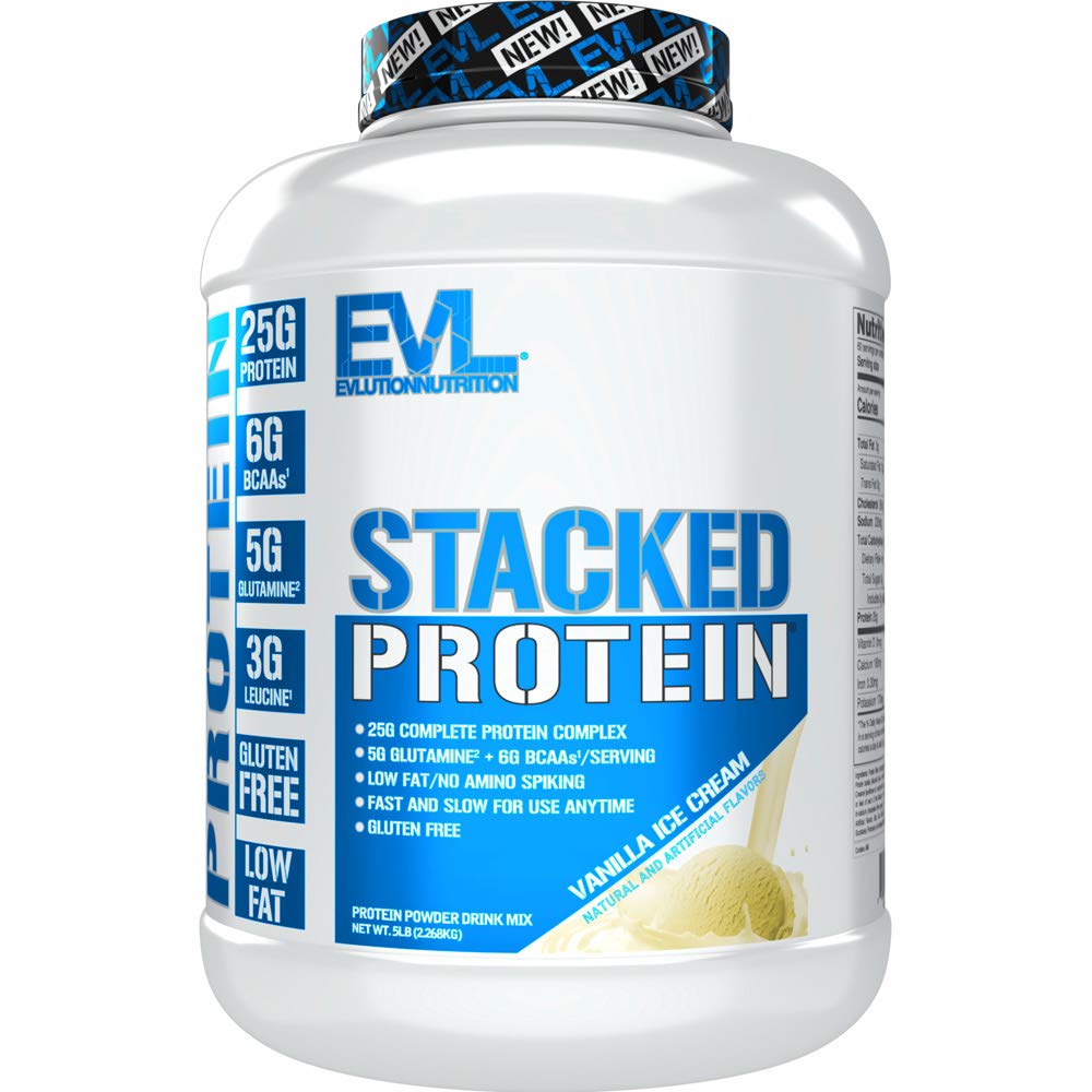Evlution Nutrition Stacked Protein Protein Powder with 25 Grams of Protein, 6 Grams of BCAAs and 5g of Glutamine (Vanilla Ice Cream, 5 LB)