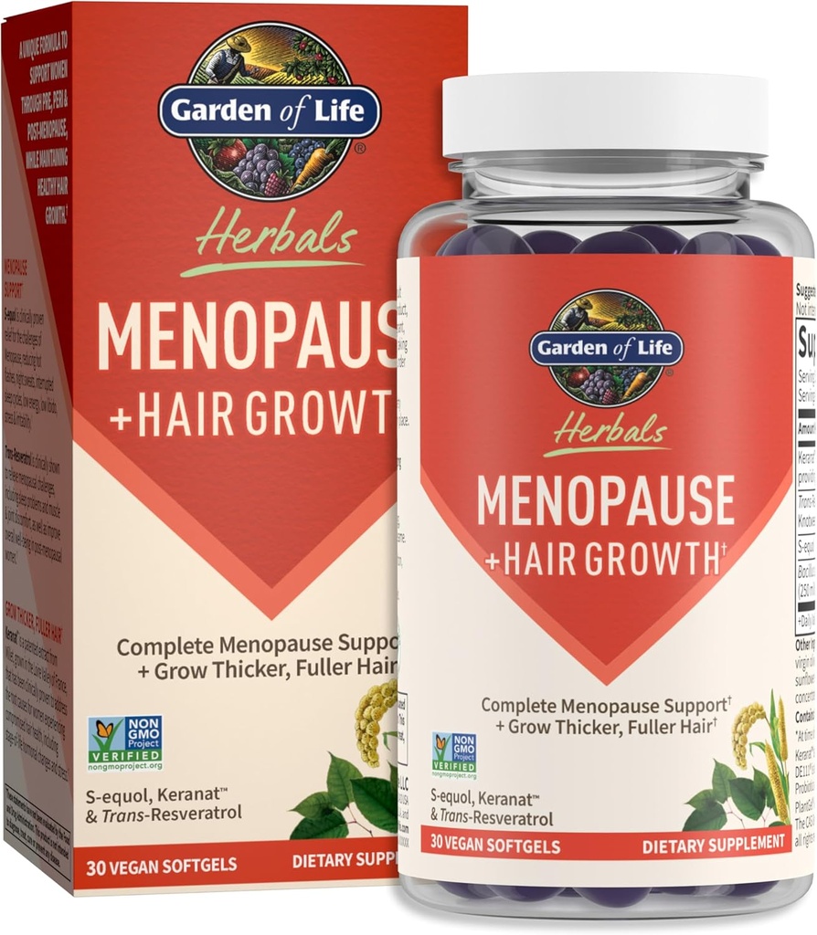 Jardí de la vida Hebals Menopausa suplementari amb S-equal & Trans-Revenratrol per a l'ajuda de Multi-Symptom, Keranat per polèrper, Creixement complet de cabell no funcional, Guten-Free, Vega, Berry Flavor, 30 Servings