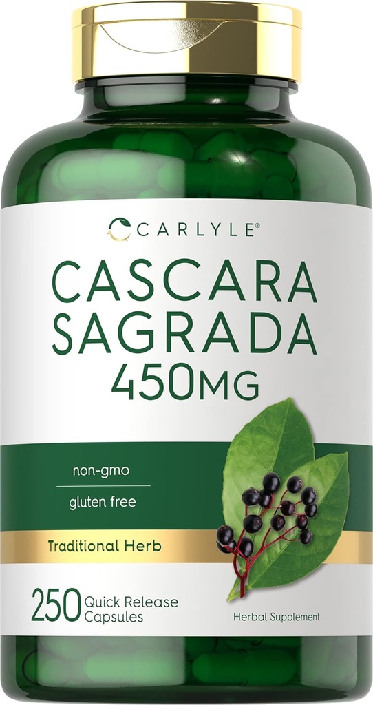 Carlyle Cascara Sagrada Капсулы | 450 мг | 250 Счет | Травяная добавка | Без ГМО, без глютена