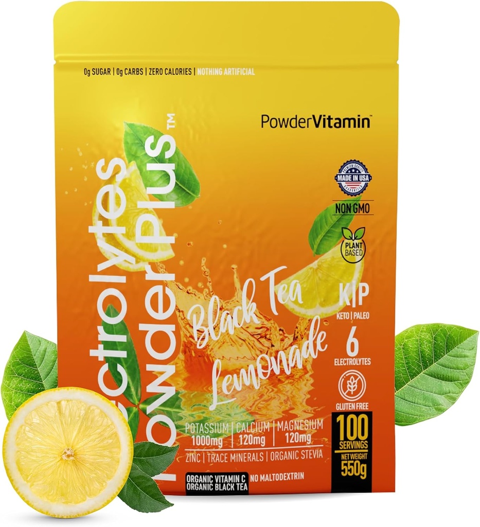 Порошок электролитов PowderVitamin Electrolytes Powder Plus (100 сервий) Порошок электролита черного чая Zero Calorie Keto,0 Сахар, No Maltodextrin, 1000 мг калия, 120 мг кальция, 120 мг магния, порошок гидратации