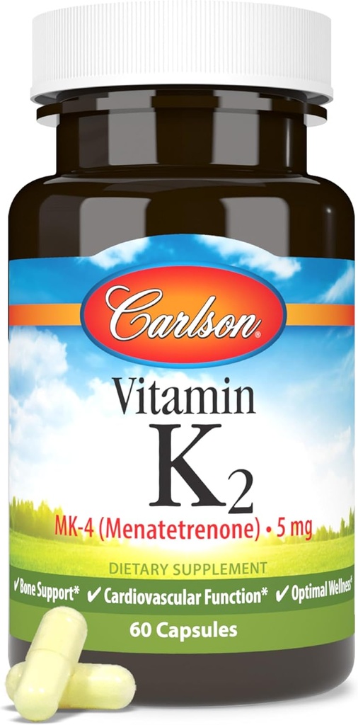 Carlson - Vitamina K2, MK-4 (Menatetrenone), Suplemento Vitamina K, Hueso & Corazón Salud, K2 Vitamina, libre de soja, 60 cápsulas