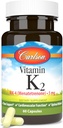 Carlson - K2-vitamiin, MK-4 (menatetrenoon), K-vitamiini lisand, luu ja südame tervis, K2-vitamiin, sojavaba, 60 kapslit