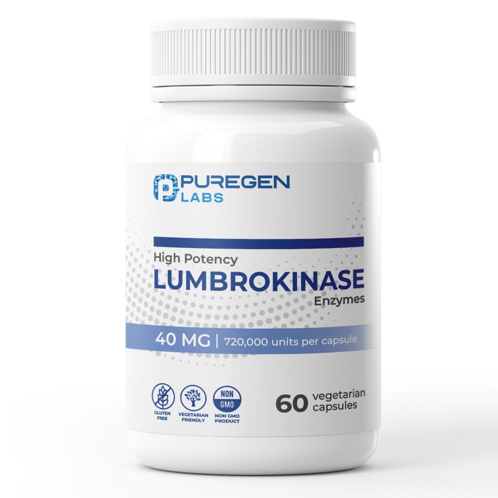 Puregen Labs Lumbrokinase 40mg per Capsule High Potency Supplement | High Activity Lumbrokinase Enzymes | No Harmful Additives | Non-GMO | Gluten Free - 60 Vegetarian Capsules
