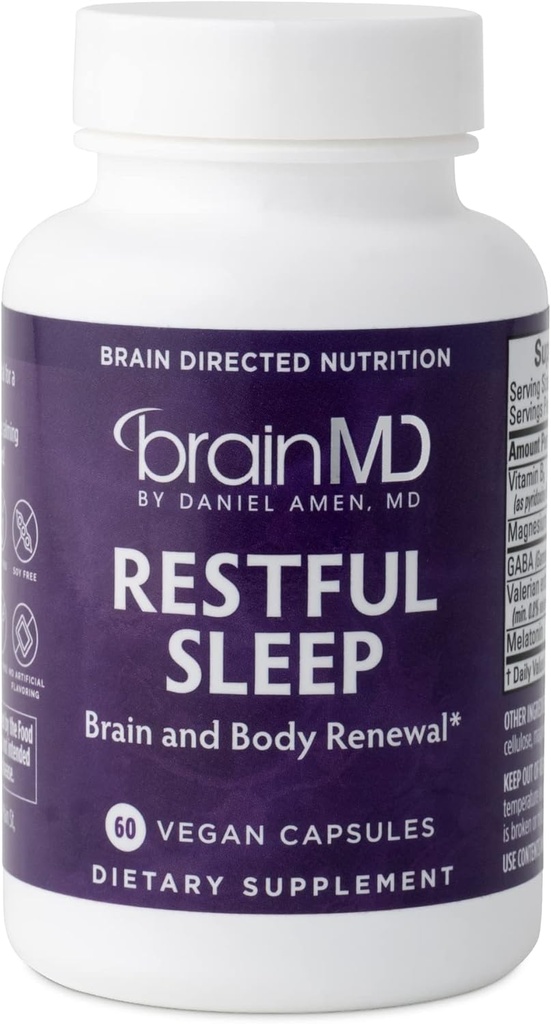 Dr. Amen hjerneMD Restful Sleep - 60 kapsler - fremmer avslapping og ro, Inneholder Melatonin, Valerian, GABA & Magnesium, Ikke-Habit Forming - Glutenfri - 15 Services