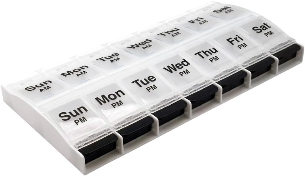 EZY DOSE Push Button (7-Day) Pill Case, Medicine Planner, ויטמין אורגן, 2 פעמים ביום, AM/PM Container, X-Large השוואתיות, Arthritis Friendly, Easy to Use, Clear Lids, Clear / Black, BPA Free