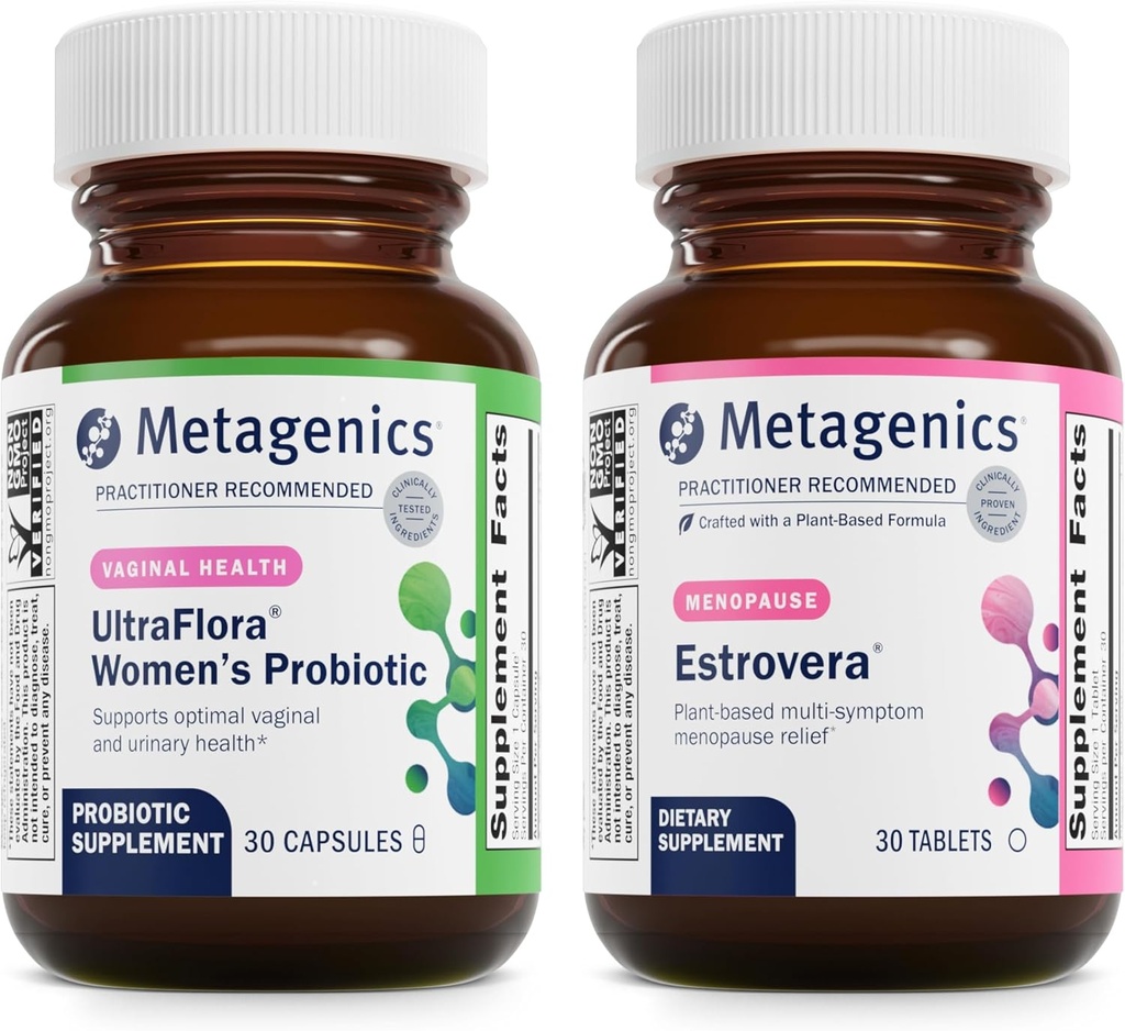 Metageenika Bundle - UltraFlora Naiste & HerWellness Estrovera - 30 UltraFlora Naiste arv Vaginaalse tervise jaoks - 30 tabletti Estrovera kuumade vilgutuste, menopausi leevendamise ja öö higi jaoks