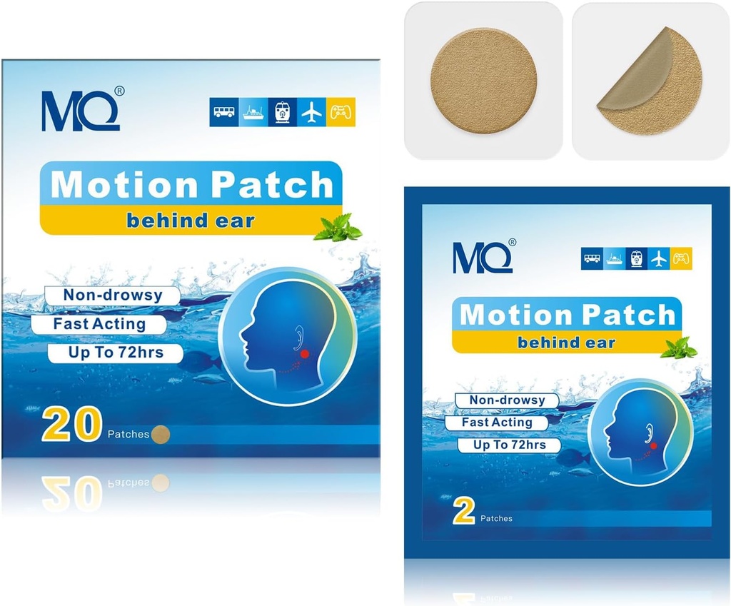MQ 20ct Motion Disease Patches, Stredná farba, Morská choroba Patches Non Drowsy & Waterproof, Cruise Ship Travel Essentials, Fast Acting & Long Lasting 72H