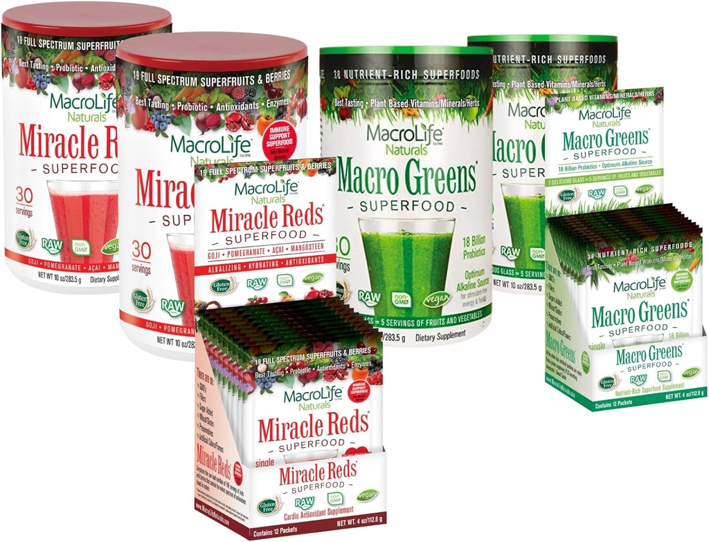 MacroLife Survivor 6 - Count Bundle, 2 Macro Greens 10oz +1 包装盒(12ct), 2 奇迹红 10oz +1 包装盒(12ct)
