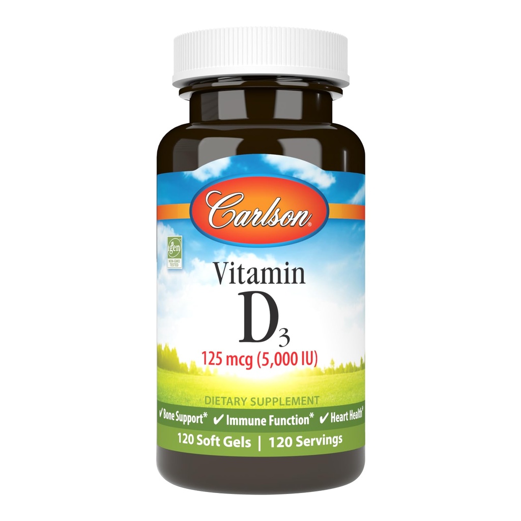 Carlson - Vitamin D3 5000 IU (125 mcg), Bone Health, Muscle Health, Cholecalciferol, Vitamin D Supplements, Vitamin D3 Soft Gels, 120 Softgels