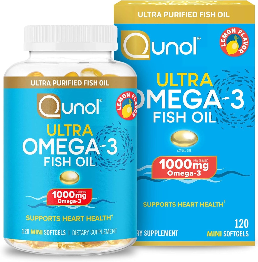 Qunol Omega 3 Fish Oil Mini Softgels, 1000mg Ultra reines Fischöl, Herz-Gesundheits-Unterstützung, Omega 3 DHA Ergänzungen, Lemon Flavor, 2 Monate Versorgung, 120 Zähler