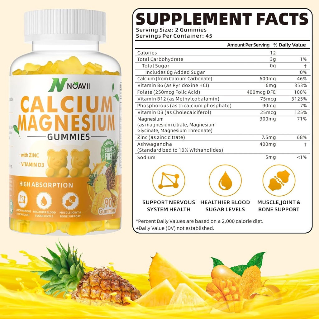 Calcium Magnesium Zinc Gummies with Vitamin D3, ashwagandha supplement - High Potency Enhanced Absorption - Pineapple Flavor-90 count