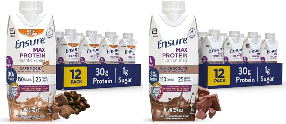 Assegureu-vos Max Protetinal Shake amb 30g Protein, 25 vitamines i Mines, 7 Flavors, incloent Cafe Mocha i llet Chocolatech, paquet de 12 Guten