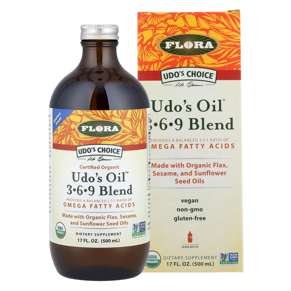 Flora - Udo's Choice Omega 369 Oil Blend, Made with Organic Flax, Sesame & Sunflower Seed Oils, Plant-Based Vegan Omega Fatty Acids, Based on Ideal 2:1:1 Ratio, 17-fl, oz. Glass Bottle