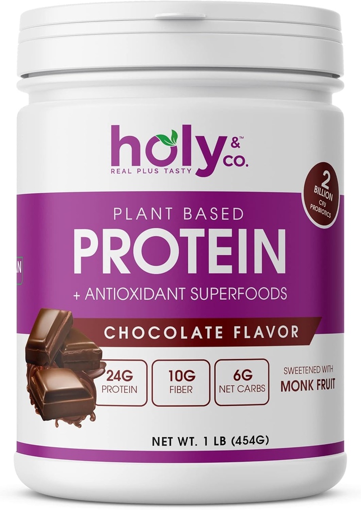 Holy " Co. Plant Based Protein Blend Shake, Gluten Free Chocolate Flavored, Kosher, for Men and Women, 2 Billion Probiotics, Monk Fruit Sugar- 16 oz (1 LB)