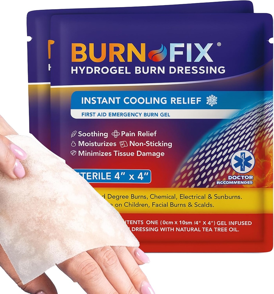 BurnFix® Burn Gel Pads 4x4 Hydrogel Dressing - Heat SinkTM-teknologi – Steril med tetreolje – umiddelbar kjøling for solbrenne, kjøkken, kjemiske brenner – ikke-stick førstehjelp, trygt for ansikt og barn (2)