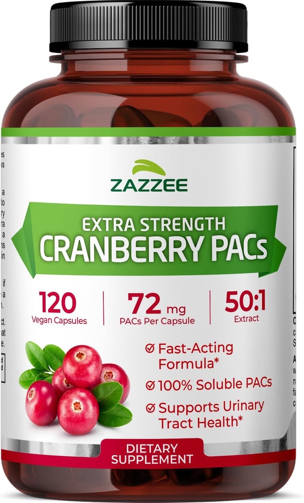 Zazzee Cranberry PACE, 72 mg PACE vienoje kapsulėje, 2X Stiprumas, 100% tirpumas, 120 Vegan kapsulių, 50: 1 Ekstraktas, 18,200 mg Stiprumas, Fast- Veiksminga šlapimo Tract parama, Pagaminta JAV