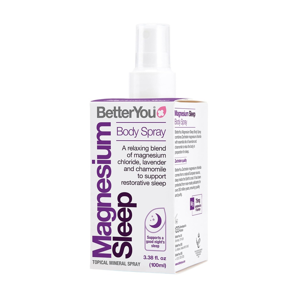 BetterYou Magnesium Muscle Body Spray - Relaxing Topical Magnesium and Essential Oil Spray - Lavender and Chamomile - Promotes Better Sleep - 3.38 oz