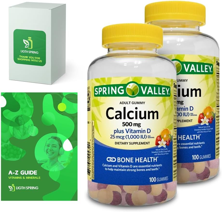 Calcium Plus Vitamine D, Adult Gummies, 500mg, 1000 IE, diverse smaken, 100 Ct (2 Pack) Bundel met exclusieve vitamines en mineralen - A tot Z - Better Light&Spring Guide (3 items)