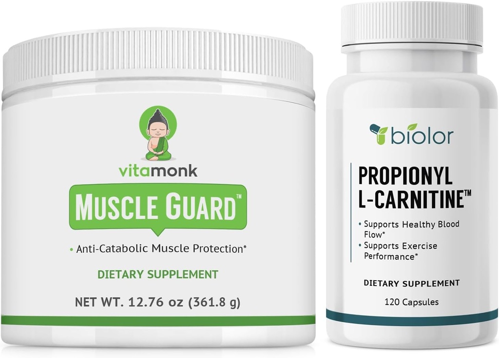 VitaMonk Muscle Guard & Biovy Propionyl-L-Carnitina con HMB, EAAs, vitamina D e magnesio, soporta o crecemento muscular, forza, resistencia, saúde circulatoria, enerxía libre de Jitter e recuperación de traballo