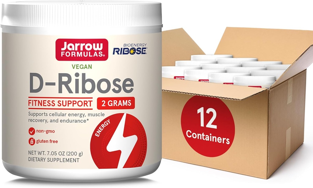 Jarrow Fórmulas D-Ribose em pó - 200g - Suplemento dietético Suporta recuperação muscular, energia e resistência - 100% puro - Vegan - Não-GMO - Aprox. 90 Servimentos, Pacote de 12