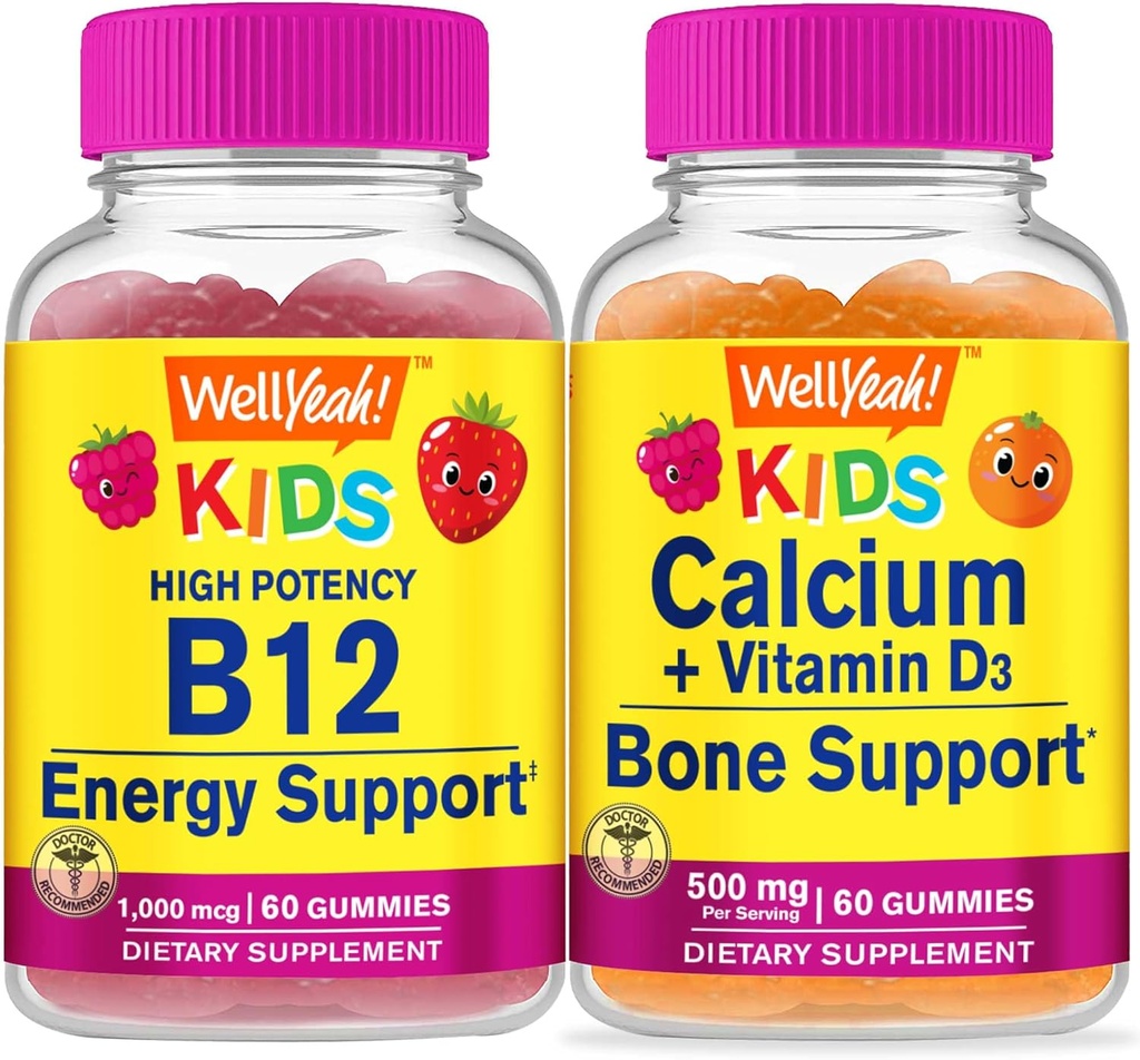 Wellbai bitamina B12 Kids + Kaltzioa + D3 bitamina Kids, Gummies Bundle - Great Tasting, bitamina osagarria, Gluten Free, GMO Free, Chewable Gummy