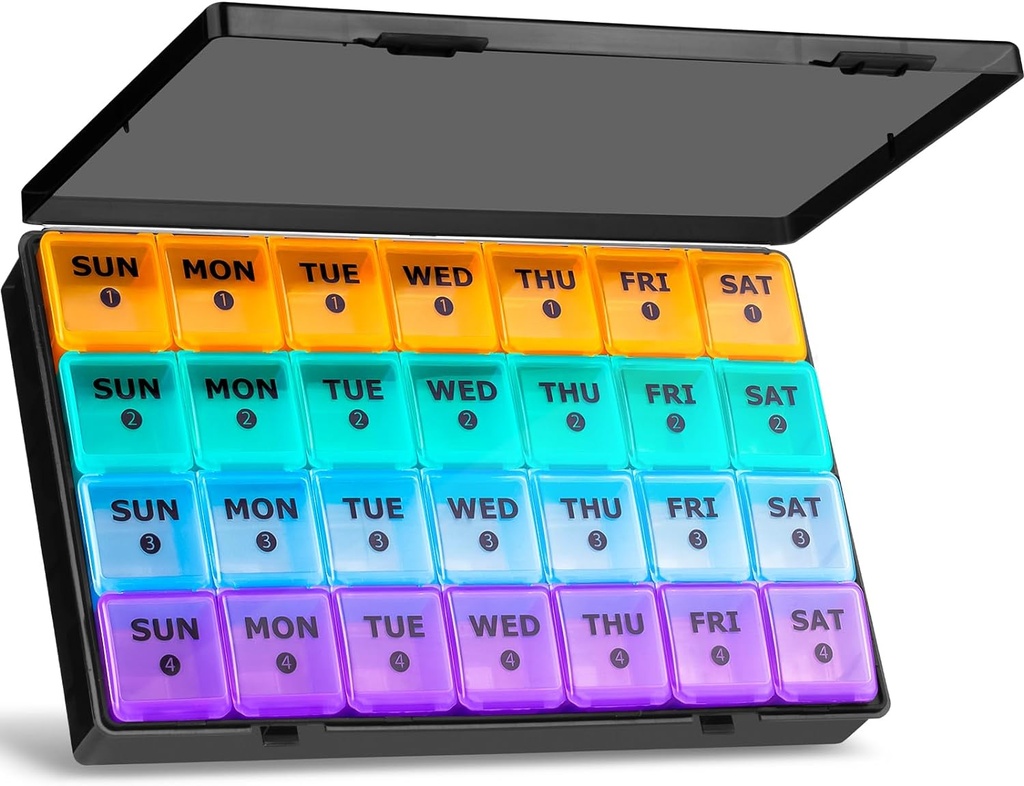XL Large Monthly Pill Organizer 4 Weeks, 28 Day Pill Organizer Weekly, Big Compartment with Travel Case, 7 Day Pill Dispenser 4 Times a Day, Medicine Organizer Box for Vitamin, Fish Oil （Black）