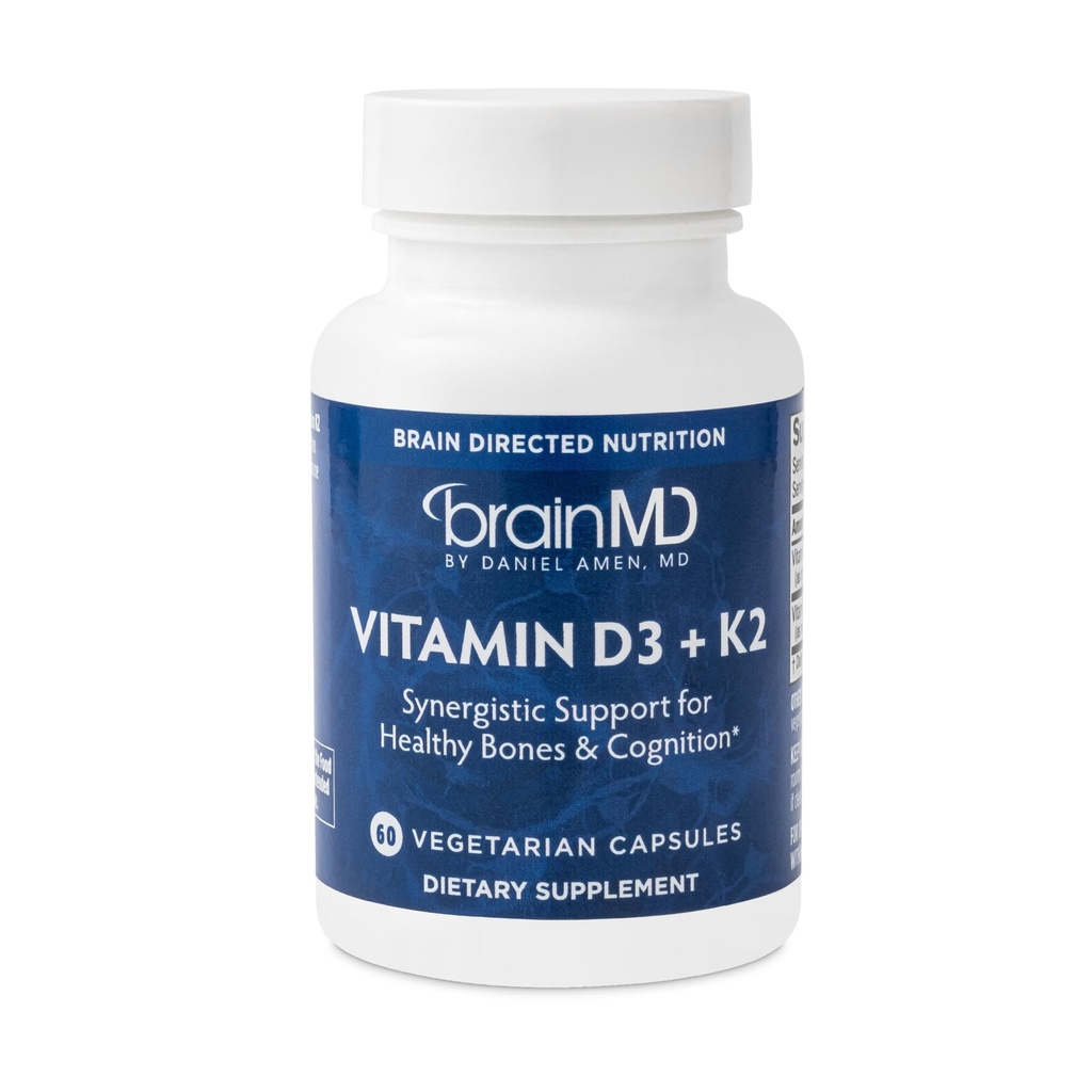 BRAINMD Vitamin D3 + K2, 60 Capsules - Synergistic Support for Healthy Bones & Cognition - Gluten Free - 60 Servings