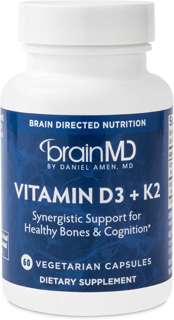 BRAINMD vitamin D3 + K2-60 kapsler - Synergisk støtte for sunne bein og kognisjon - Glutenfri - 60 Services