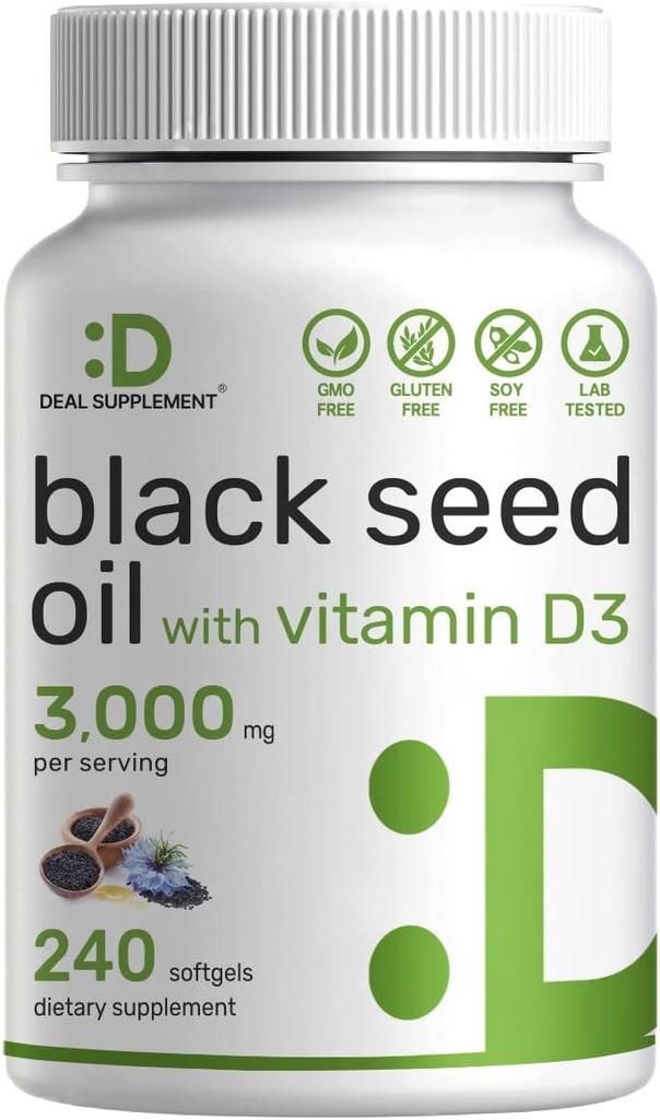 DEAL SUPPLEMENT Black Seed Oil, 240 М'які гелі – холодно-пресовані Nigella Sativa, Природно Occurring Thymoquinone (TQ) – Non-GMO, No Глютен – Black Cumin Seed Liquid Capsules з вітаміном D3