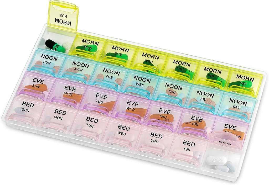 Pill Organizer - Büyük Pill Haftalık ve Daily 4-Times-A-Day Besttments for Morning, Noon, Evening, Night - Faraday-Free, Portable ve Travel Friendly Pill Box Case Case Case Case Update