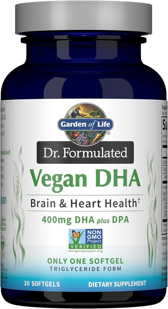 Garden of Life Omega 3 Vegan DHA supplements Dr. Formulated Vegan DHA, 400mg DHA & 90mg DPA in Triglyceride Form from a single Source, Omega 3 supplement for Women and Men's Health, 30 Softgels