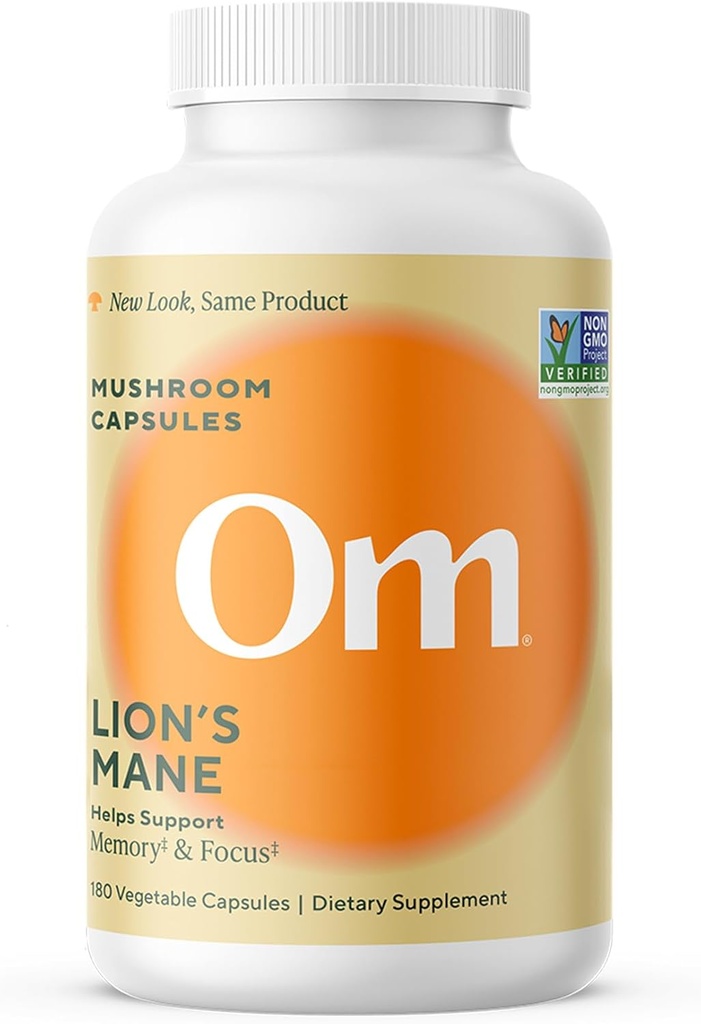 Om Lion’s Mane Mushroom Capsule - Organic Mushroom Supplement and Nootropic - Brain Supplements for Memory and Focus, 180 Count (60 Serve)