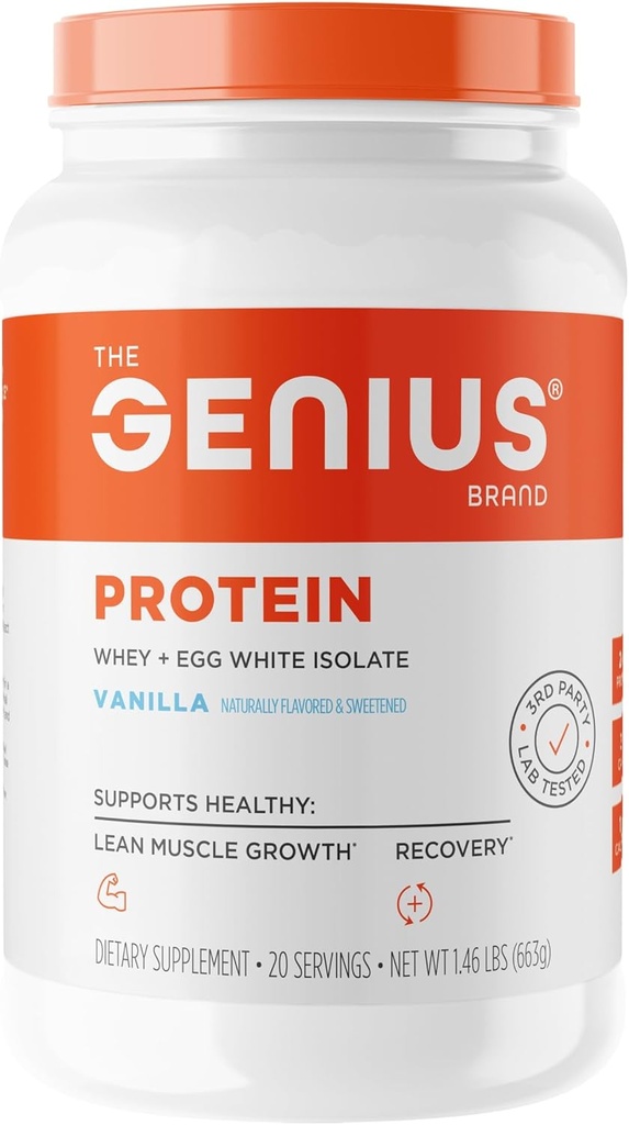 Genius Protein Powder, Wanilia - Mieszanka z podwójnym białkiem z ulepszonym izolatem serwatkowym i naturalnym białkiem jaj dla Lean Muscle Building for Men & Women - Grass- Fed przed i post Trening posiłek zastępczy Shake
