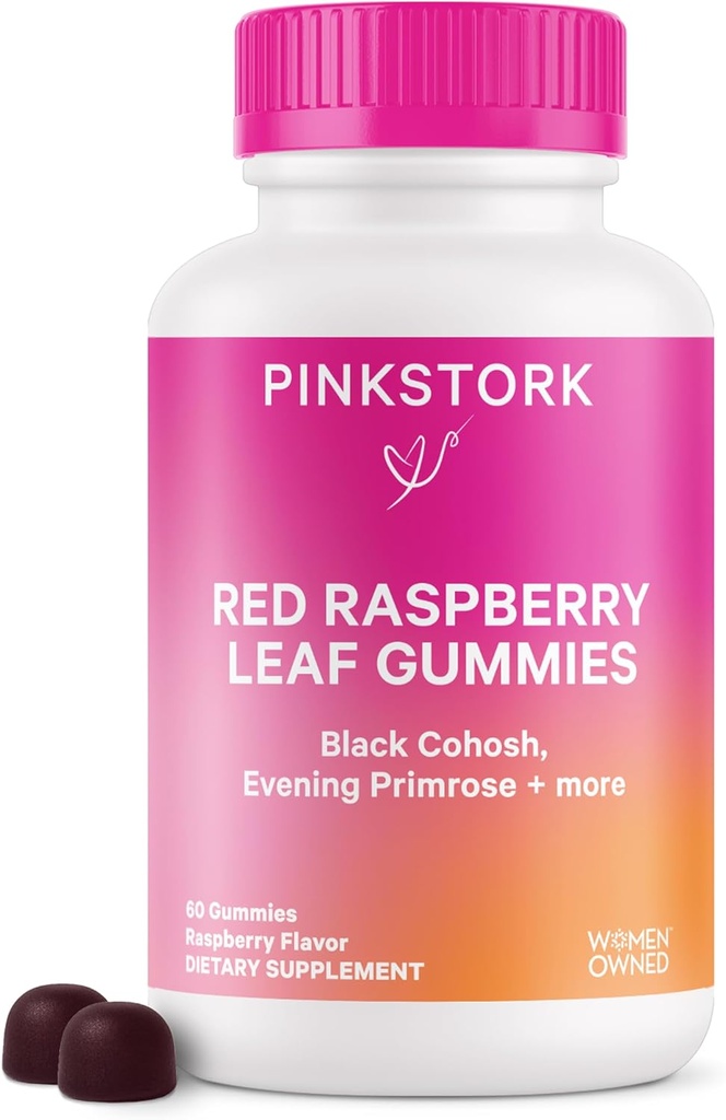 Pink Stork Red Raspberry Leaf Gummies - Třetí Trimester Labor Prep + Postpartum Mood Essentials with Evening Primrose Oil + Black Cohosh - 60 Vegan Gummy doplňky, Non- GMO