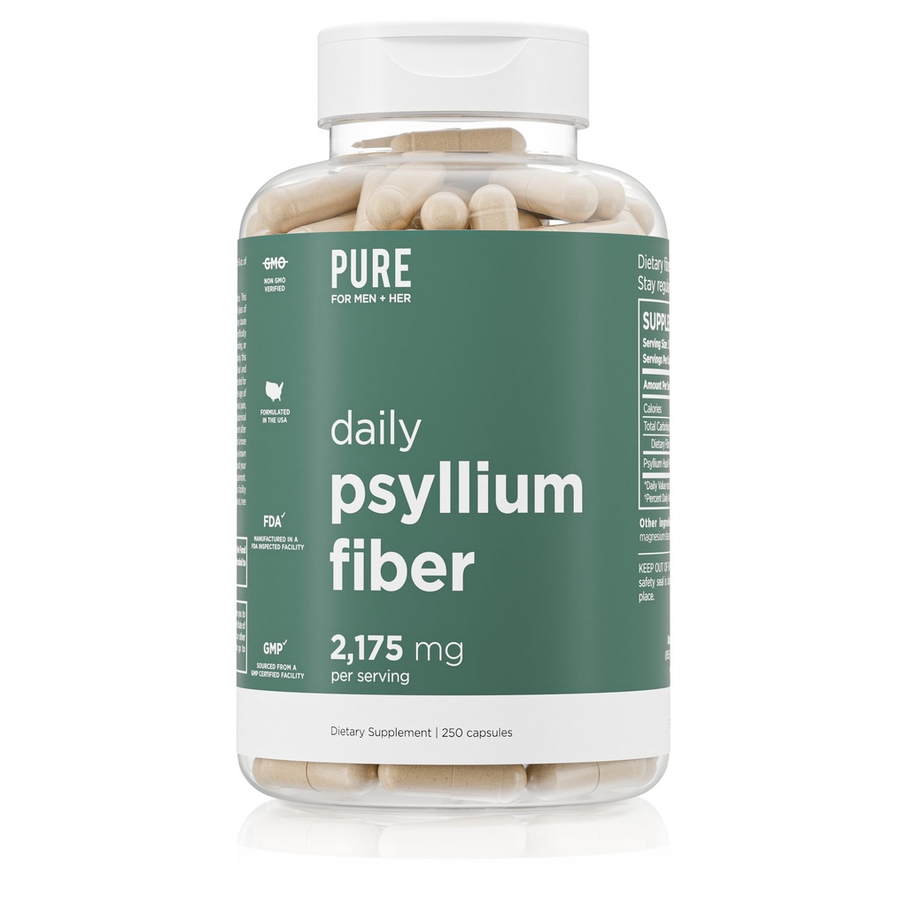 Daily Psyllium Husk Fiber Supplement by Pure for Men & Pure for Her | Digestive Regularity & Gut Health Support | Soluble Fiber Powder, 2,175mg Per Serving | 250 Capsules