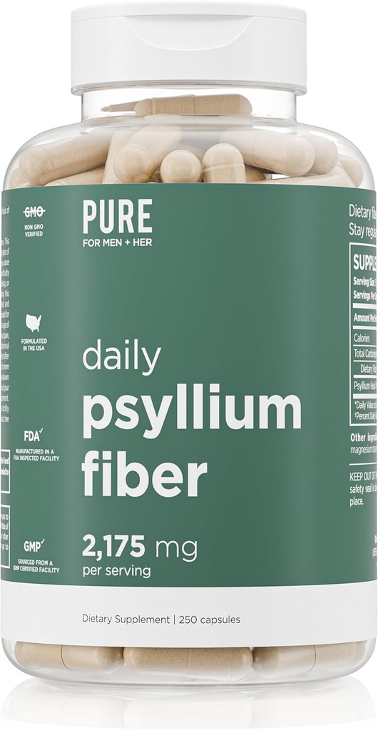 Puru Psyllium Husk Fiber Supplement Pure for Her | erregulartasun Digestiboa eta osasun-laguntza | Zuntz-hauts solublea, 2,175mg Zerbitzuko | 250 kapsula