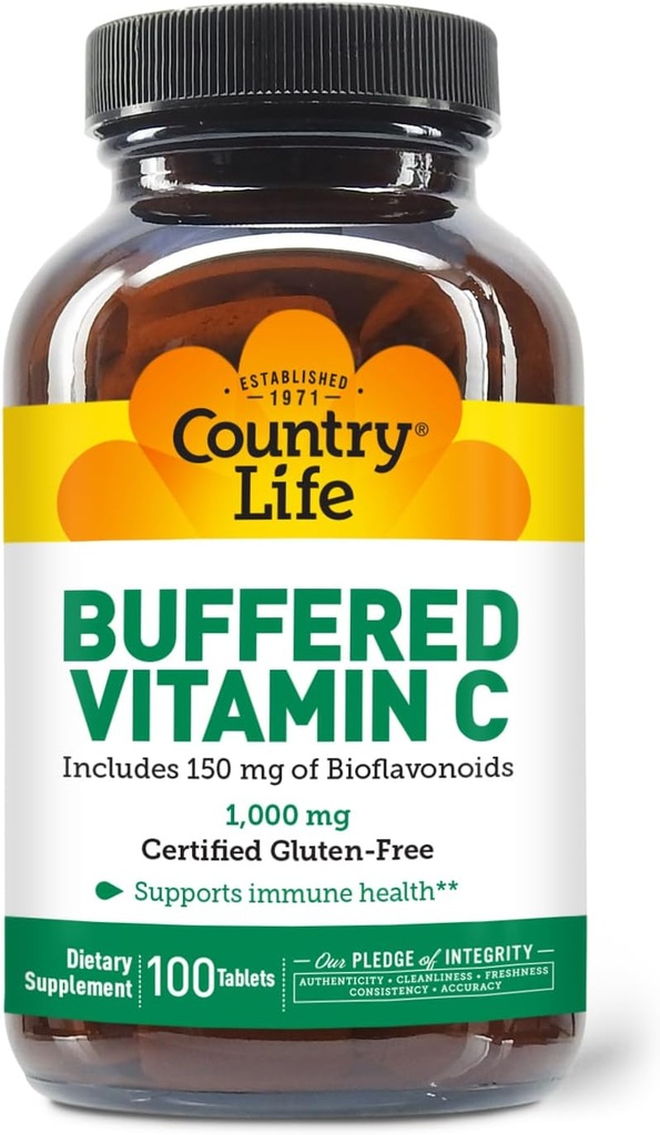 País Vida Buffered Vitamina C 1000mg com bioflavonóides, Cálcio, Magnésio, Potássio - Suporte imunológico, Cápsulas Vegan, Sem glúten, Gentil no estômago - 100 Comprimidos