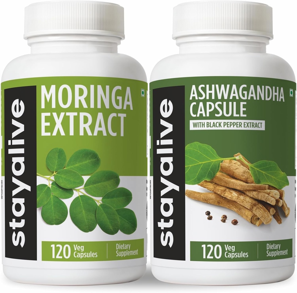 STAY ALIVE Moringa і Ashwagandha Bundle w/чорний перець екстракт, 240 Vegan таблетки, Non-GMO & Gluten Безкоштовна Ashwagandha Moringa Supplement 2 Pack