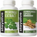 STAY ALIVE Moringa e Ashwagandha Bundle w/Black Pepper Extract, 240 Vegan Pills, Non-GMO & Gluten Free Ashwagandha Moringa Supplemento 2 Pack