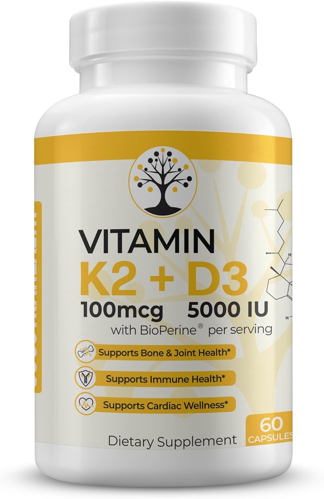 Suplemento Vitamina D3 K2, 5000 UI - Suporta Bem-estar Imune e Cardíaco, Alta Potência, Glúten Livre, 60 Cápsulas