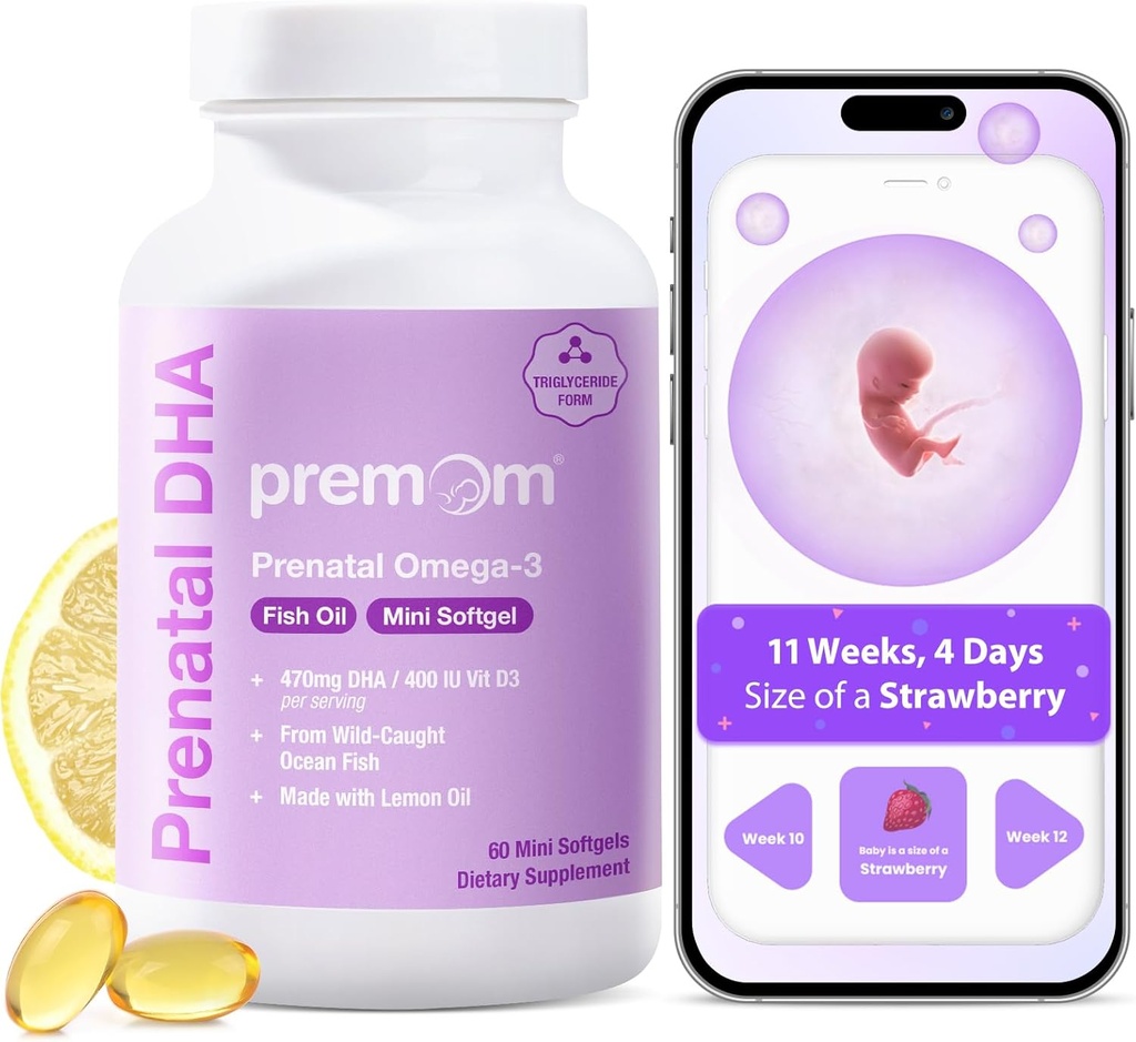 Premom Prenatal DHA 물고기 기름: 470mg DHA를 가진 Triglyceride Omega 3, 200mg EPA + 400 IU VIT D3 보충교재 - 여성을 위한 비료 지원 - 야생 잡힌 물고기에서 세계적으로 sourced