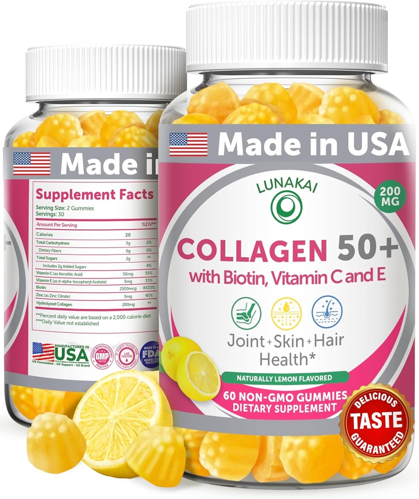 Lunakai USA Made Collagen Gummies for Women & Men 50, Biotin & bitamina C, onartzen Skin Elasticity, Hair & Nail Indarra, Joint Support, 60ct