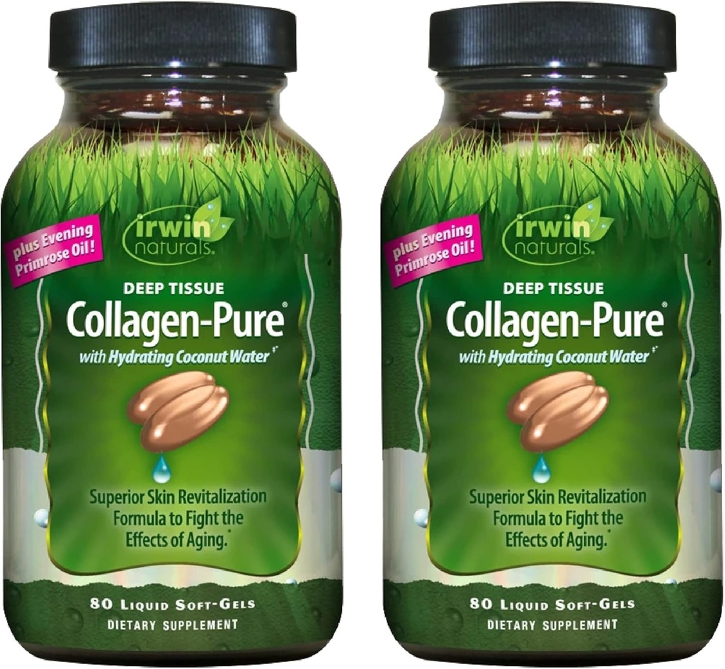 Irwin Naturals Deep Tissue Collagen- Pure - 80 Liquid Soft- Gels - Advanced Hydrolized Collagen + Joint & Skin Nouration - 2 Pack