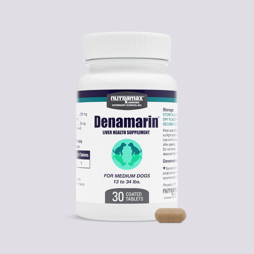 Nutramax Laboratories Denamarin supliment de sănătate hepatică pentru câini de talie medie - cu S-Adenosilmetionină (SAMe) și Silybin, 30 comprimate