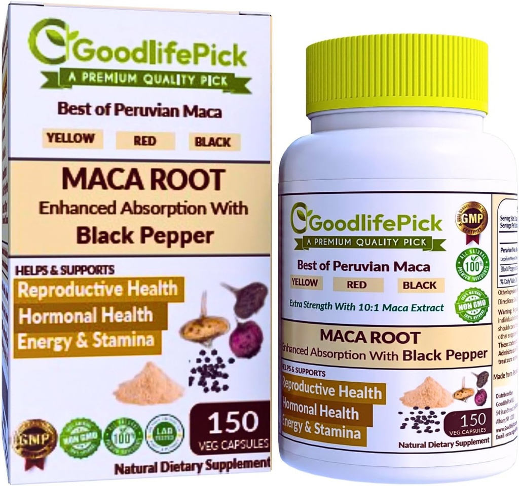Peruvian Maca Root Capsules 150 ct. Black Pepper ile Güçlü Maca Köksü. All Natural NonGMO Vegan No Stearate No Rice Toz No Silica No Filler