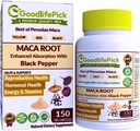 Peruvian Maca Root Capsules 150 ct. Powerful Maca Mélange de jaune rouge et noir de maca racine avec poivre noir. Tous naturels non OGM végétalien sans stéarate Pas de poudre de riz Pas de silice Pas de remplissage