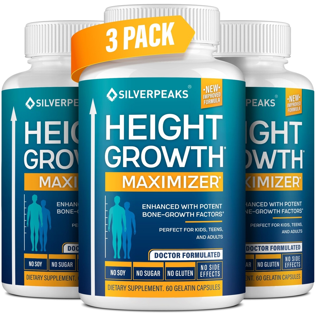 SILVERPEAKS Growth Capsules to Grow Taller - Height Growth Maximizer with Calcium for Bone Strength - Made in USA - Natural Get Taller Supplement - Free of Growth Hormone - Pack of 3