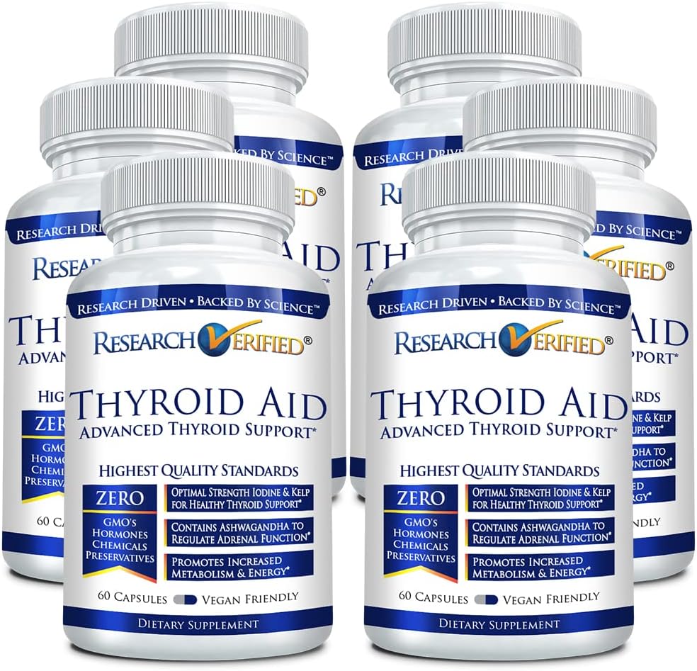 Research Verified. Thyroid Aid - Optimal Thyroid Function with Iodine, Copper ' Zinc - 260 mcg Selenium - 100% Pure - Vegan Friendly - 60 Capsules Per Bottle - 6 Bottles